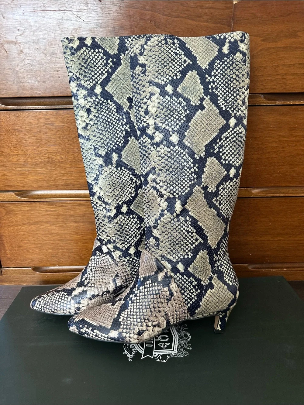 Anthropologie Beige and Black Snake-Print Over-the-Knee Boots